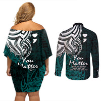 Your Matter Suicide Prevention Couples Matching Off Shoulder Short Dress and Long Sleeve Button Shirts Turqoise Polynesian Tribal LT9 - Wonder Print Shop