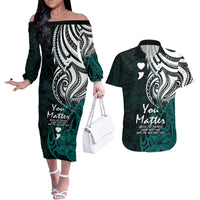Your Matter Suicide Prevention Couples Matching Off The Shoulder Long Sleeve Dress and Hawaiian Shirt Turqoise Polynesian Tribal LT9 - Wonder Print Shop