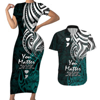 Your Matter Suicide Prevention Couples Matching Short Sleeve Bodycon Dress and Hawaiian Shirt Turqoise Polynesian Tribal LT9 - Wonder Print Shop