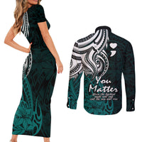 Your Matter Suicide Prevention Couples Matching Short Sleeve Bodycon Dress and Long Sleeve Button Shirts Turqoise Polynesian Tribal LT9 - Wonder Print Shop