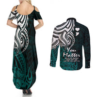 Your Matter Suicide Prevention Couples Matching Summer Maxi Dress and Long Sleeve Button Shirts Turqoise Polynesian Tribal LT9 - Wonder Print Shop