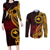 Papua New Guinea Island Couples Matching Long Sleeve Bodycon Dress and Long Sleeve Button Shirts Bird of Paradise with Gold Polynesian Tribal LT9 - Wonder Print Shop