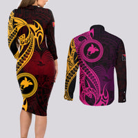 Papua New Guinea Island Couples Matching Long Sleeve Bodycon Dress and Long Sleeve Button Shirts Bird of Paradise with Gold Polynesian Tribal LT9 - Wonder Print Shop