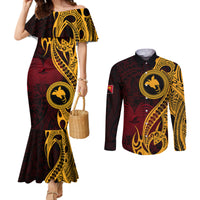 papua-new-guinea-island-couples-matching-mermaid-dress-and-long-sleeve-button-shirts-bird-of-paradise-with-gold-polynesian-tribal