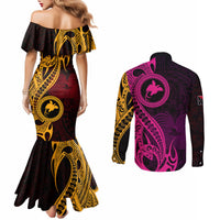 papua-new-guinea-island-couples-matching-mermaid-dress-and-long-sleeve-button-shirts-bird-of-paradise-with-gold-polynesian-tribal