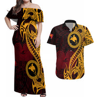 Papua New Guinea Island Couples Matching Off Shoulder Maxi Dress and Hawaiian Shirt Bird of Paradise with Gold Polynesian Tribal LT9 - Wonder Print Shop