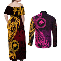 Papua New Guinea Island Couples Matching Off Shoulder Maxi Dress and Long Sleeve Button Shirts Bird of Paradise with Gold Polynesian Tribal LT9 - Wonder Print Shop