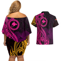 Papua New Guinea Island Couples Matching Off Shoulder Short Dress and Hawaiian Shirt Bird of Paradise with Gold Polynesian Tribal LT9 - Wonder Print Shop