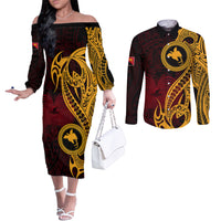 papua-new-guinea-island-couples-matching-off-the-shoulder-long-sleeve-dress-and-long-sleeve-button-shirts-bird-of-paradise-with-gold-polynesian-tribal