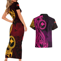 Papua New Guinea Island Couples Matching Short Sleeve Bodycon Dress and Hawaiian Shirt Bird of Paradise with Gold Polynesian Tribal LT9 - Wonder Print Shop