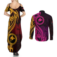 Papua New Guinea Island Couples Matching Summer Maxi Dress and Long Sleeve Button Shirts Bird of Paradise with Gold Polynesian Tribal LT9 - Wonder Print Shop