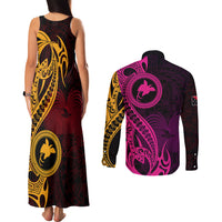 Papua New Guinea Island Couples Matching Tank Maxi Dress and Long Sleeve Button Shirts Bird of Paradise with Gold Polynesian Tribal LT9 - Wonder Print Shop