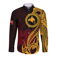 Papua New Guinea Island Long Sleeve Button Shirt Bird of Paradise with Gold Polynesian Tribal - Wonder Print Shop