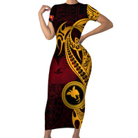 Papua New Guinea Island Short Sleeve Bodycon Dress Bird of Paradise with Gold Polynesian Tribal - Wonder Print Shop