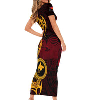 Papua New Guinea Island Short Sleeve Bodycon Dress Bird of Paradise with Gold Polynesian Tribal - Wonder Print Shop