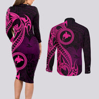 Papua New Guinea Island Couples Matching Long Sleeve Bodycon Dress and Long Sleeve Button Shirts Bird of Paradise with Pink Polynesian Tribal LT9 - Wonder Print Shop