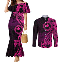 papua-new-guinea-island-couples-matching-mermaid-dress-and-long-sleeve-button-shirts-bird-of-paradise-with-pink-polynesian-tribal