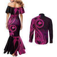papua-new-guinea-island-couples-matching-mermaid-dress-and-long-sleeve-button-shirts-bird-of-paradise-with-pink-polynesian-tribal