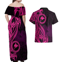 Papua New Guinea Island Couples Matching Off Shoulder Maxi Dress and Hawaiian Shirt Bird of Paradise with Pink Polynesian Tribal LT9 - Wonder Print Shop