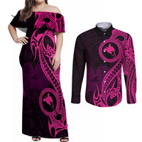 Papua New Guinea Island Couples Matching Off Shoulder Maxi Dress and Long Sleeve Button Shirts Bird of Paradise with Pink Polynesian Tribal LT9 - Wonder Print Shop
