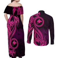 Papua New Guinea Island Couples Matching Off Shoulder Maxi Dress and Long Sleeve Button Shirts Bird of Paradise with Pink Polynesian Tribal LT9 - Wonder Print Shop
