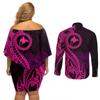 Papua New Guinea Island Couples Matching Off Shoulder Short Dress and Long Sleeve Button Shirts Bird of Paradise with Pink Polynesian Tribal LT9 - Wonder Print Shop
