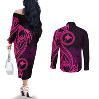 papua-new-guinea-island-couples-matching-off-the-shoulder-long-sleeve-dress-and-long-sleeve-button-shirts-bird-of-paradise-with-pink-polynesian-tribal