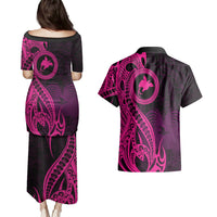 Papua New Guinea Island Couples Matching Puletasi Dress and Hawaiian Shirt Bird of Paradise with Pink Polynesian Tribal LT9 - Wonder Print Shop