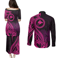 Papua New Guinea Island Couples Matching Puletasi Dress and Long Sleeve Button Shirts Bird of Paradise with Pink Polynesian Tribal LT9 - Wonder Print Shop