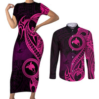 Papua New Guinea Island Couples Matching Short Sleeve Bodycon Dress and Long Sleeve Button Shirts Bird of Paradise with Pink Polynesian Tribal LT9 - Wonder Print Shop