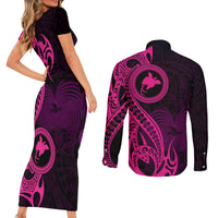 Papua New Guinea Island Couples Matching Short Sleeve Bodycon Dress and Long Sleeve Button Shirts Bird of Paradise with Pink Polynesian Tribal LT9 - Wonder Print Shop