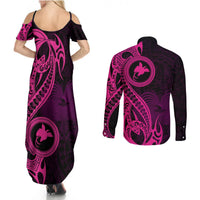 Papua New Guinea Island Couples Matching Summer Maxi Dress and Long Sleeve Button Shirts Bird of Paradise with Pink Polynesian Tribal LT9 - Wonder Print Shop