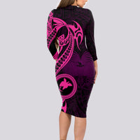 Papua New Guinea Island Long Sleeve Bodycon Dress Bird of Paradise with Pink Polynesian Tribal - Wonder Print Shop