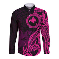 Papua New Guinea Island Long Sleeve Button Shirt Bird of Paradise with Pink Polynesian Tribal - Wonder Print Shop