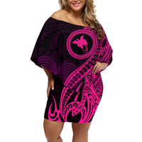 Papua New Guinea Island Off Shoulder Short Dress Bird of Paradise with Pink Polynesian Tribal - Wonder Print Shop
