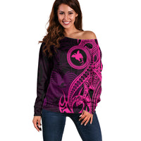 Papua New Guinea Island Off Shoulder Sweater Bird of Paradise with Pink Polynesian Tribal - Wonder Print Shop