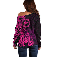 Papua New Guinea Island Off Shoulder Sweater Bird of Paradise with Pink Polynesian Tribal - Wonder Print Shop