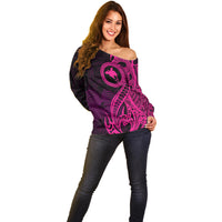 Papua New Guinea Island Off Shoulder Sweater Bird of Paradise with Pink Polynesian Tribal - Wonder Print Shop