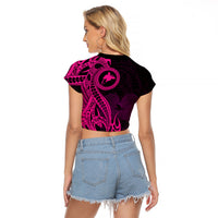 Papua New Guinea Island Raglan Cropped T Shirt Bird of Paradise with Pink Polynesian Tribal - Wonder Print Shop