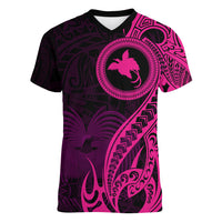 Papua New Guinea Island Women V Neck T Shirt Bird of Paradise with Pink Polynesian Tribal - Wonder Print Shop