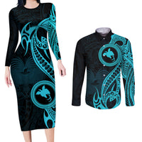 Papua New Guinea Island Couples Matching Long Sleeve Bodycon Dress and Long Sleeve Button Shirts Bird of Paradise with Aqua Polynesian Tribal LT9 - Wonder Print Shop