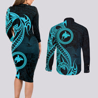 Papua New Guinea Island Couples Matching Long Sleeve Bodycon Dress and Long Sleeve Button Shirts Bird of Paradise with Aqua Polynesian Tribal LT9 - Wonder Print Shop