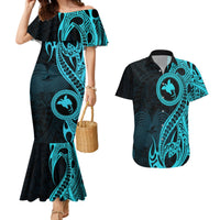 Papua New Guinea Island Couples Matching Mermaid Dress and Hawaiian Shirt Bird of Paradise with Aqua Polynesian Tribal LT9 - Wonder Print Shop