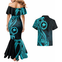 Papua New Guinea Island Couples Matching Mermaid Dress and Hawaiian Shirt Bird of Paradise with Aqua Polynesian Tribal LT9 - Wonder Print Shop