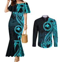 papua-new-guinea-island-couples-matching-mermaid-dress-and-long-sleeve-button-shirts-bird-of-paradise-with-aqua-polynesian-tribal