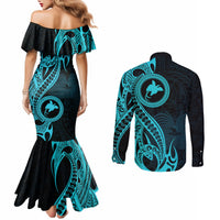 papua-new-guinea-island-couples-matching-mermaid-dress-and-long-sleeve-button-shirts-bird-of-paradise-with-aqua-polynesian-tribal