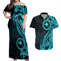 Papua New Guinea Island Couples Matching Off Shoulder Maxi Dress and Hawaiian Shirt Bird of Paradise with Aqua Polynesian Tribal LT9 - Wonder Print Shop