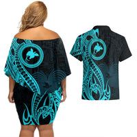 Papua New Guinea Island Couples Matching Off Shoulder Short Dress and Hawaiian Shirt Bird of Paradise with Aqua Polynesian Tribal LT9 - Wonder Print Shop