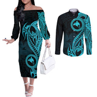 papua-new-guinea-island-couples-matching-off-the-shoulder-long-sleeve-dress-and-long-sleeve-button-shirts-bird-of-paradise-with-aqua-polynesian-tribal