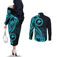 papua-new-guinea-island-couples-matching-off-the-shoulder-long-sleeve-dress-and-long-sleeve-button-shirts-bird-of-paradise-with-aqua-polynesian-tribal